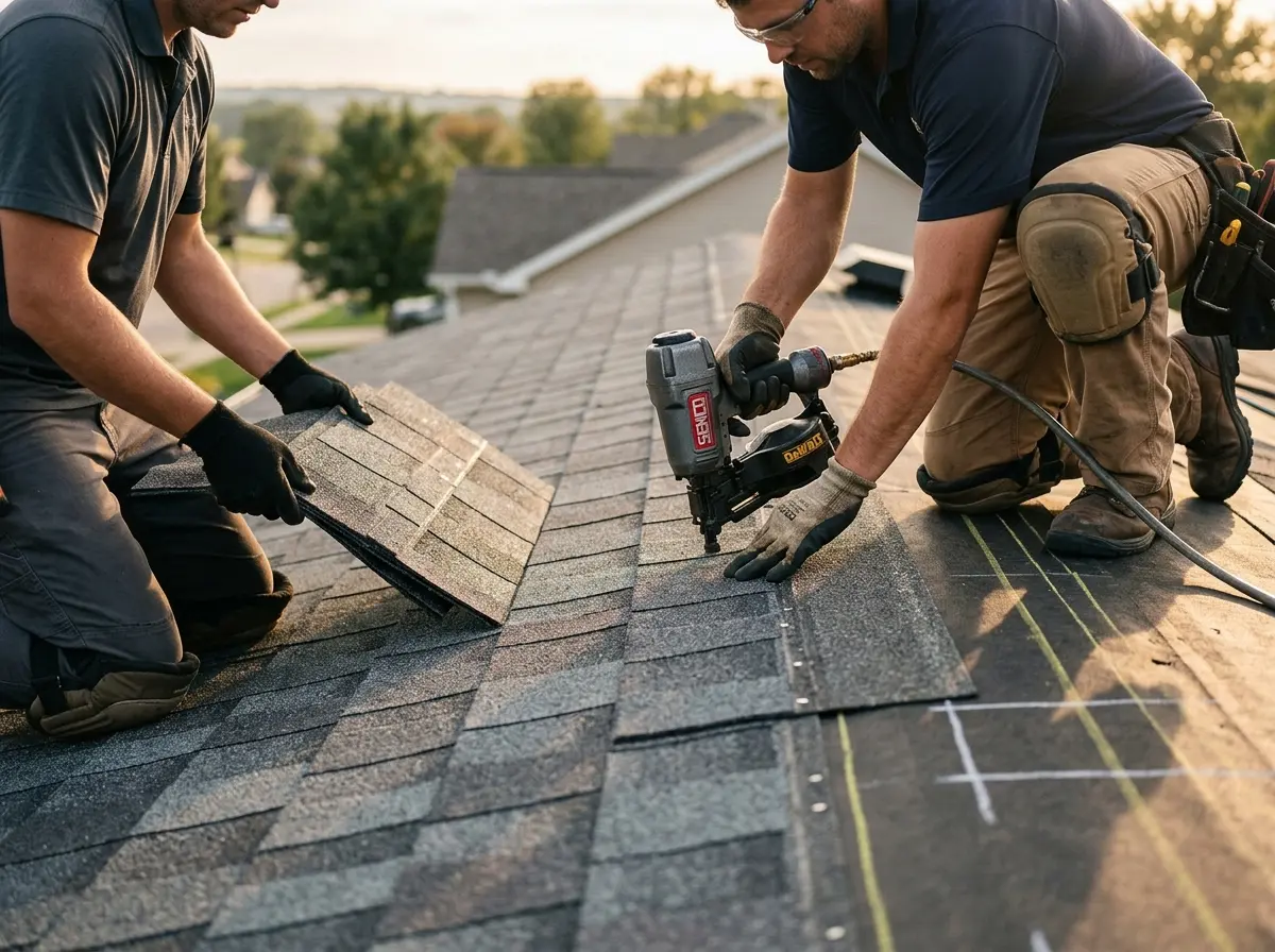 Professional roofer working on a residential roof in San Leandro